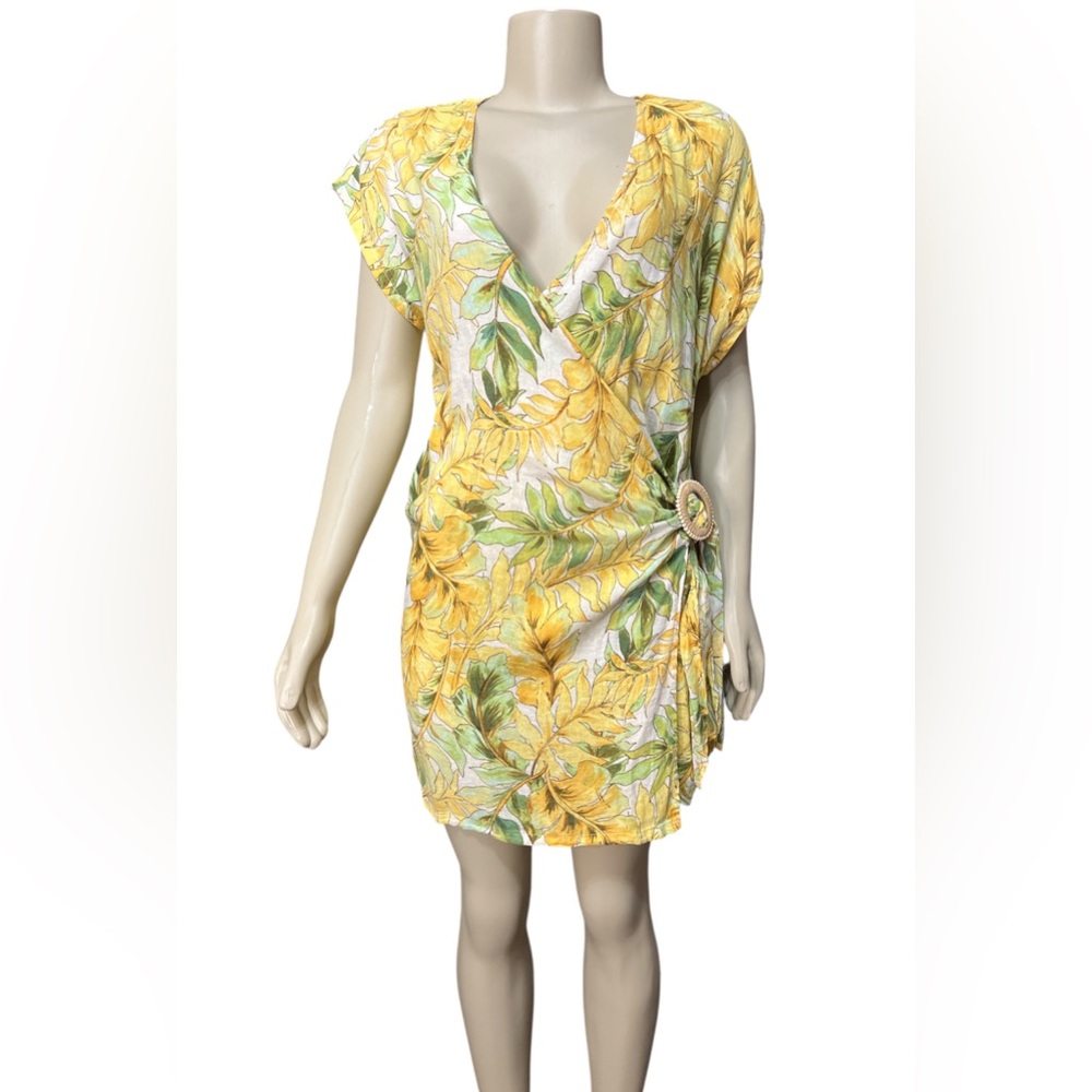 NWT Tahari Size S Tropical Leaf Print Beach Cover-Up Dress Yellow Green Linen